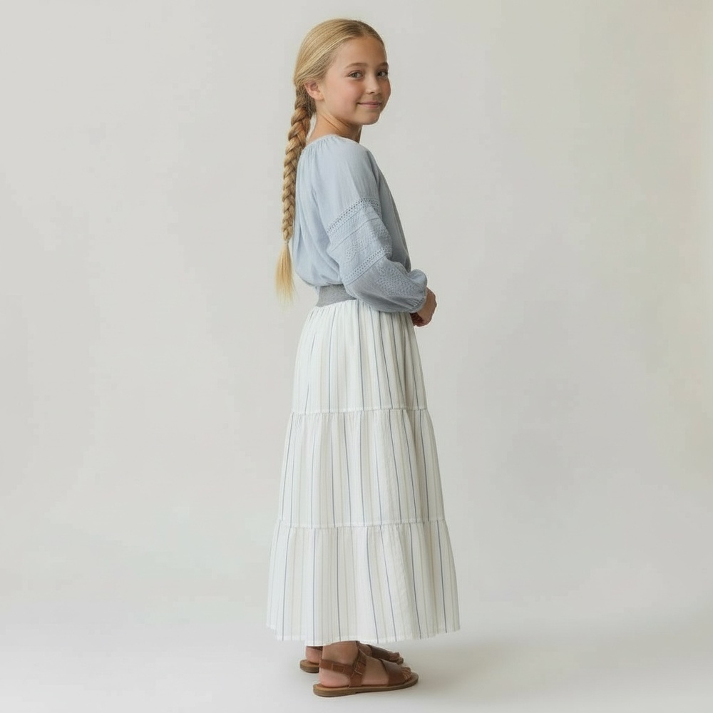 Skirt Girls M 8 Maxi Lined Ruffle Tier White Stripe Cotton Mom‎ and Pop's Kids
